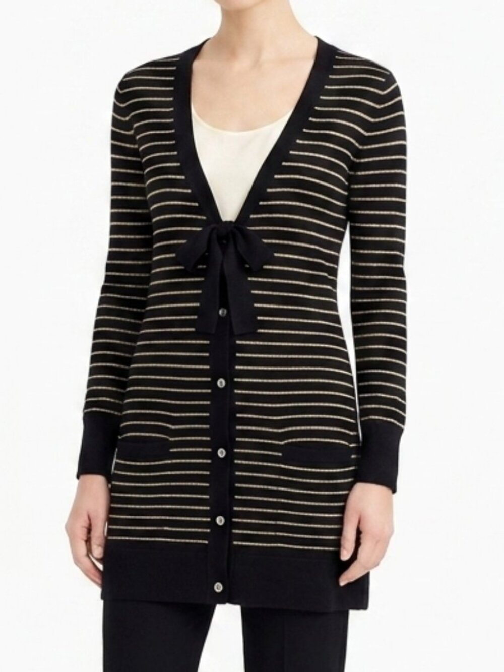 DKNY Lightweight Striped Merino Wool Blend Cardigan w/Silk Tie- Sz. Sm